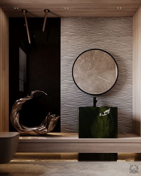 This bathroom shows off elegance with its modern style and beige tones. A textured wall with a wave design frames the room, and a huge round mirror completes the look. The black accent wall and minimalist fixtures give drama, while the distinctive green sink is a standout feature. Soft, ambient lighting adds to the luxurious atmosphere, making this bathroom both refined and calm.

#bathroom_design #bathroom_interior #home_decor
#modern_bathroom #ContemporaryBathroom
#bathroomRedesign Luxury Feature Wall Design, Luxury Modern Bathroom Interior Design, Black And Beige Bathroom, Calm Bathroom, Black Accent Wall, Creative Bathroom Design, Luxury Modern Bathroom, Black Accent Walls, Modern Bathroom Interior