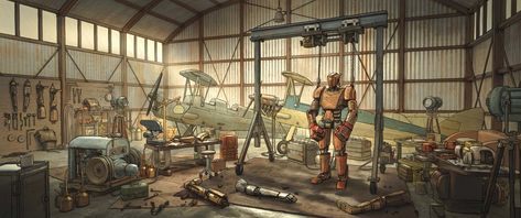 Cyberpunk Workshop Concept Art, Robot Factory Concept Art, Art Deco Robot, Inventor Workshop, Workshop Concept Art, Helluvaboss Oc, Fantasy Workshop, Robot Workshop, Tech Witch