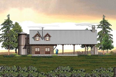 Front elevation colored illustration of the Grand Pavilion Attached with Rusty Cottage House. Rustic Barn Homes, Outdoor Pavillion, Silo House, Rustic House Plans, Pole Barn House Plans, Small House Floor Plans, Barn Plans, Modern Farmhouse Exterior, Barn Style House