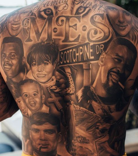 Back Portrait Tattoo Men, Back Tattoos For Black Guys, Steve Wiebe Tattoo, Proud Family Tattoo, Portrait Back Tattoo, Back Portrait Tattoo, Dmx Tattoos, Steve Wiebe, Back Ear Tattoo