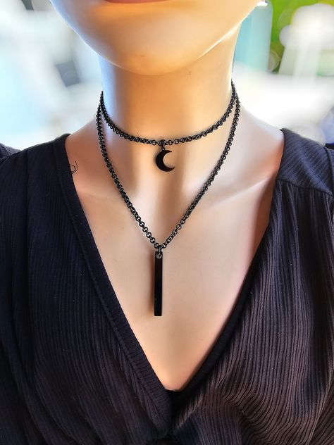 This is a blackened steel layered multi-strand goth punk aesthetic Necklace choker with a bar and moon pendant. it is all one necklace.  The minimalist design gives it a trendy and stylish feel, while the black steel gives it a touch of gothic Punk edge. The size is approximately 14" to 16" with a built-in extender. Black Jewelry Aesthetic, Goth Jewelry Aesthetic, Goth Accessories Jewellery, Punk Goth Outfits, Goth Punk Aesthetic, Black Necklaces, Pagan Fashion, Punk Choker, Edgy Necklace