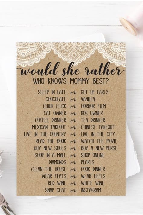 Baby Shower Quiz Game, Baby Shower Question Game, Quick Baby Shower Games, Would She Rather Game, Baby Shower Quiz, Easy Baby Shower Games, Gender Reveal Baby Shower Themes, Baby Shower Games Unique, Would She Rather