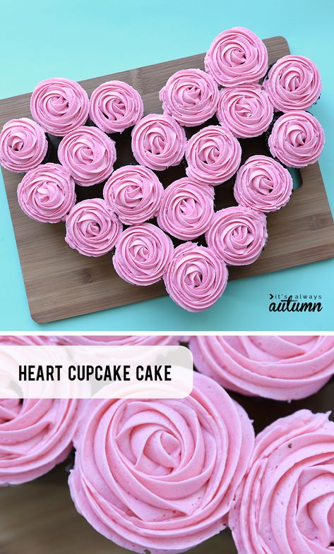 How to make a heart shaped cupcake pullapart cake for Valentine's Day! Easy Valentines treat. Cake Out Of Cupcakes, Valentines Cakes And Cupcakes, Pull Apart Cakes, Valentines Cakes, Cake Mix Ingredients, Pull Apart Cupcake Cake, Heart Shaped Cake, Pull Apart Cake, Valentines Baking