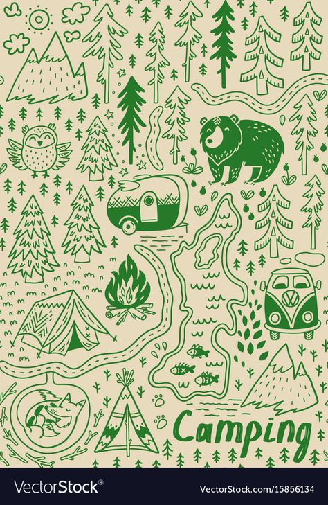 Funny Maps, Animals In The Forest, Camping Illustration, Forest Map, Map Pattern, Hand Drawn Map, Forest Illustration, Hand Drawn Vector Illustrations, Hand Drawn Pattern