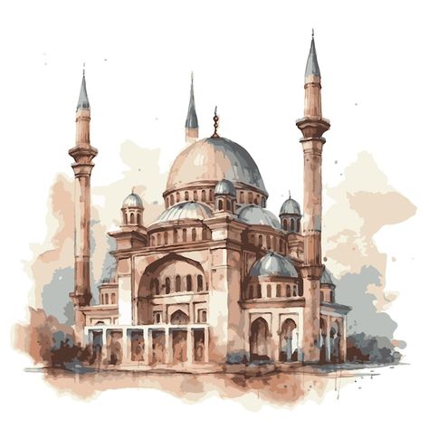 Drawing Of Mosque, Painting Of Mosque, Mosque Watercolor Paintings, Islamic Mosque Art, Islamic Watercolor Art, Mosque Drawing Islamic Art, Mosque Painting Islamic Art, Mosque Art Painting, Turkish Illustration