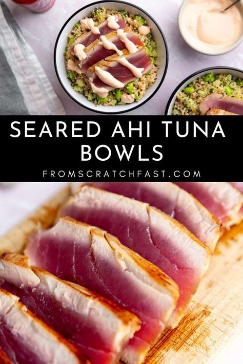 If you’re looking for a quick and easy dinner that’s restaurant-worthy, then you’ve got to try this seared ahi tuna steak recipe. A quick and easy marinade gives the tuna an incredible flavor. I’ll show you how to perfectly sear tuna as well as how to transform it into spicy tuna bowls! Sauce For Seared Tuna, Ahi Bowl Recipe, Ahi Tuna Marinade Recipes, Best Tuna Steak Marinade, Cooking Tuna Steaks On Stove, Ahi Steak Recipe, Seared Tuna Steak Recipes, Tuna Filet Recipes, Ahi Tuna Marinade