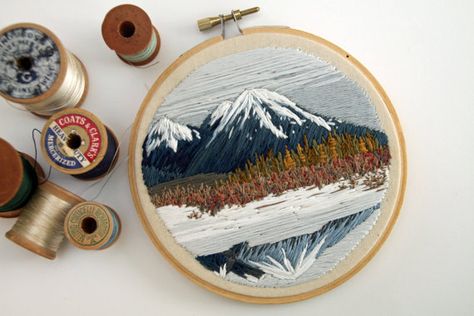 Hand embroidered and framed in a 5 wooden hoop, this peaceful scene is stitched onto a lovely tan cotton. This impressionist landscape would Colorado Embroidery, Landscape Embroidery, Colorado Rocky Mountains, Mountains Colorado, Snow Capped Mountains, Landscape Mountain, Impressionist Landscape, Frozen Lake, Diy Upcycling