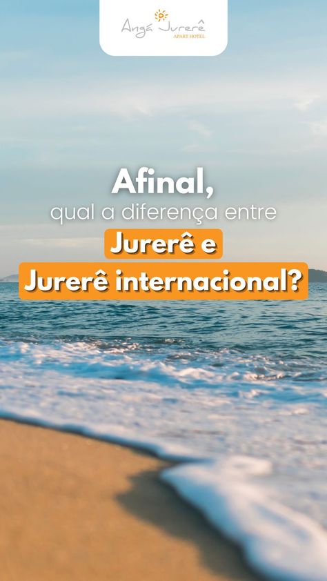 Onda do mar ao fundo da imagem desfocada. Em cima da imagem temos escrito em branco "Afinal, qual a diferença entre Jurerê e Jurerê Internacional?". Instagram Feed, Hotel, Water, Instagram