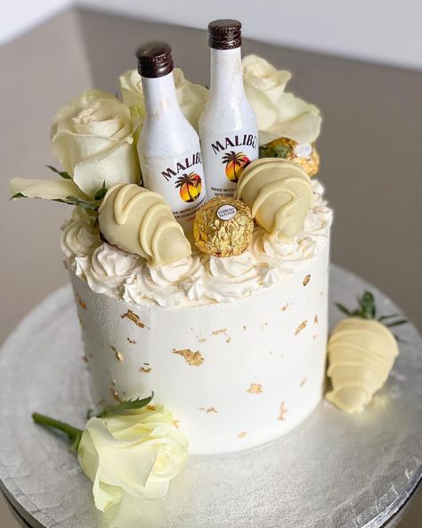 Malibu Themed Cake, Alcohol Cake Design For Women, 22st Birthday Cake, Malibu Cake Ideas, 18th Birthday Cake Alcohol, Malibu Birthday Cake, Cake With Alcohol Bottles On Top, Alcohol Birthday Cake For Women, Alcohol Cake Design