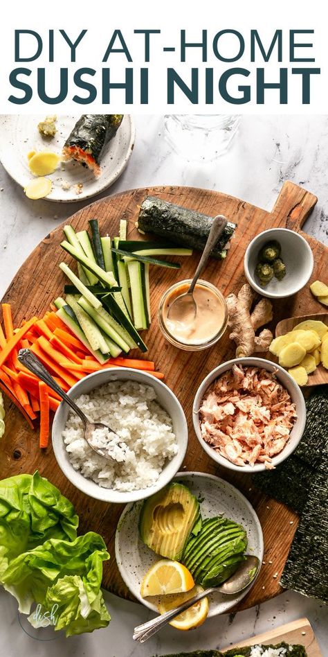 YOU DON’T HAVE TO BE A TRAINED CHEF TO HAVE A DELICIOUS DIY AT-HOME SUSHI NIGHT! HERE’S HOW MY FAMILY MAKES SUSHI HAND ROLLS RIGHT AT THE KITCHEN TABLE…NO RAW FISH NECESSARY! LEARN JUST HOW EASY IT IS TO MAKE YOUR OWN SUSHI. Sushi Without Seafood, Easy Diy Sushi Rolls At Home, Sushi Recipes Not Raw, At Home Sushi Night, Sushi Without Raw Fish, Sushi Dinner Party Decor, Diy Sushi Night, Sushi No Fish, Lobster Sushi Roll Recipe