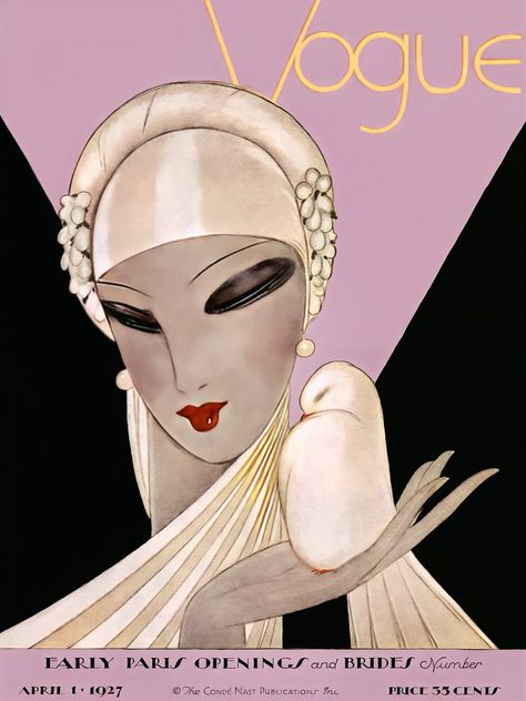 GARCÍA BENITO, Eduardo. Vogue magazine, April 1, 1927. Art Deco Vogue, Vogue Poster, Vogue Illustrations, Arte Art Deco, Vintage Vogue Covers, Poster Book, Vogue Vintage, Vogue Magazine Covers, Art Deco Illustration