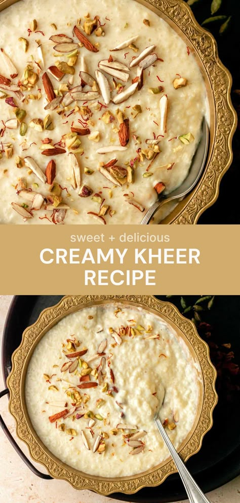 This sweet and creamy kheer recipe is flavoured with saffron and cardamom and is super easy to make. A delicious and simple Indian dessert! Indian Rice Pudding Kheer, Rice Sweet Recipes, Indian Food Recipes Dessert, Indian Desserts Easy, Sweet Dishes Indian, Pretty Food Recipes, Kheer Recipe Indian Desserts, Pakistani Kheer Recipe, Sweet Dishes Desserts Indian