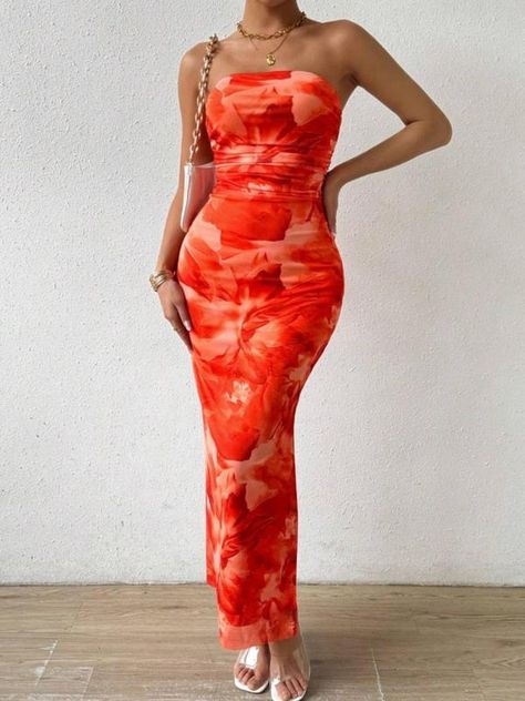 Women's All Over Print Ruched Backless Split Thigh Bodycon Tube Dress, Sundress Maxi Dress, Elegant Sleeveless Long Dress for Summer, Dress in Club, Dresses for Women, Ladies Clothes for Beach Holiday Summer Bodycon Dresses, Classy Going Out Outfits, Bodycon Gown, Elegant Summer Dresses, Cute Casual Dresses, Diy Clothes And Shoes, Strapless Bodycon Dress, Sleeveless Long Dress, Women Maxi