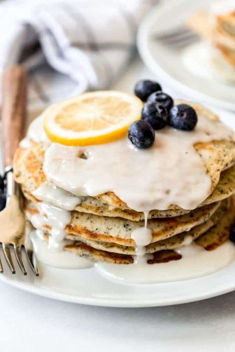 Are you a morning person? You will be once you try these light and bright Lemon Poppy Seed Pancakes. Full of citrus flavor and a delicate crunch you can’t resist. They are extra lemony with a simple glaze drizzled over the top in place of maple syrup. #ad #pancakes #lemon #poppyseeds #easy #homemade #fromscratch #best #breakfast Pancakes Lemon, Lemon Poppy Seed Pancakes, Poppy Seed Pancakes, Lemon Chia Seed Muffins, Homemade Gravy For Biscuits, Lemon Poppyseed Pancakes, Peach Muffins, Coconut Pancakes, Poppy Seed Muffins