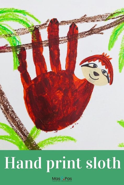 Handprint paintings are so much fun to do. We just love these super cute handprint sloths, hanging around on their jungle branches. It’s an adorable handprint animal craft for kids. #handprintanimals #handprintart #handprintcraftforkids #handprintcrafts #craftsforkids