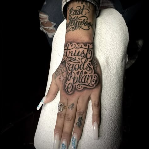 @blujaytattoos on Instagram: “Trust Gods Plan on top of the hand done on @k.wessssst thank you for trusting me with your hand 🙏🏽 blessed to be tattooing . . Im now…” Hand Tattoos About God, Tattoos Na Mao, Blessed Hand Tattoo, Hand Palm Tattoos, Tuff Pics, Caine Husky, Blessed Tattoo, Blessed Tattoos, Only God Can Judge Me