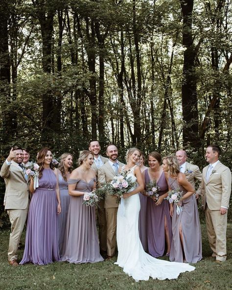 Lilac Wedding Scheme, Shades Of Purple Bridal Party, Lavender And Sage Green Bridesmaid Dresses, Purple Bridal Party Groomsmen, Lavender And Green Bridesmaid Dresses, Purple Bridesmaid Dresses With Groomsmen, Green And Purple Bridal Party, Light Purple Wedding Party, Different Shades Of Purple Bridesmaids