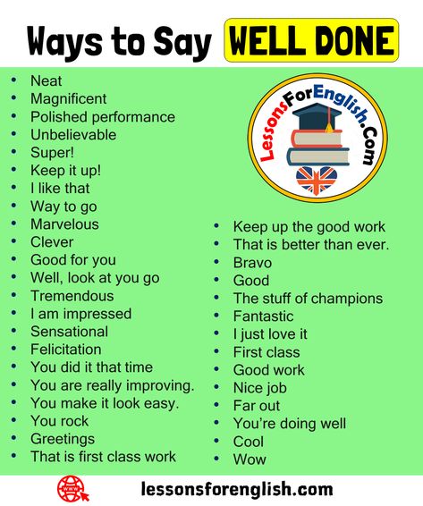 35 Ways to Say WELL DONE in English Neat Magnificent Polished performance Unbelievable Super! Keep it up! I like that Way to go Marvelous Clever Good for you Well, look at you go Tremendous I am impressed Sensational Felicitation You did it that time You are really improving.   You make it look easy. You rock Greetings That is first class work Keep up the good work That is better than ever. Bravo Good The stuff of champions Fantastic I just love it First class Good work Nice job Far out You’re Sign Language Words, Essay Writing Skills, Descriptive Words, Interesting English Words, Good Vocabulary Words, Good Vocabulary, Teaching Grammar, English Writing Skills, English Vocabulary Words Learning