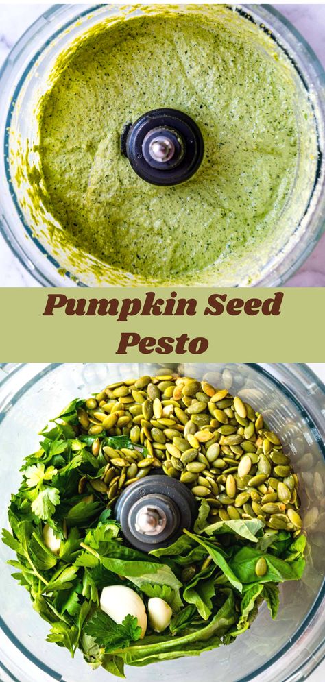 This 5-minute vegan Pumpkin Seed Pesto (Nut-Free) is perfect for sandwiches, pasta, salads, marinating proteins, roasted veggies, and soups. Protein-packed, delicious and healthy. Vegan Pumpkin Seed Recipes, Pumpkin Seed Pesto Recipe, Pumpkin Seed Dressing, Chakra Recipes, Pesto Nut Free, Peanuts Recipes, Sunflower Seed Pesto, Pesto Dinner, Vegan Dressing Recipes