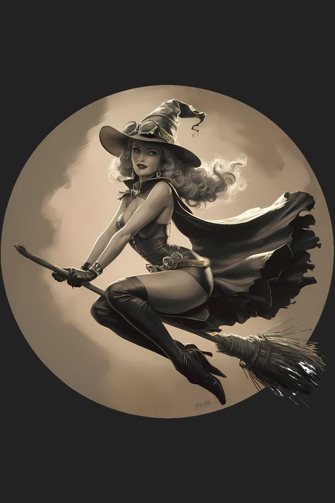 Vintage Witch On Broomstick T-Shirt Riding Broom Pose, Pinup Witch Tattoo, Witch Drawing Reference, Witch Rpg, Witch Pinup, Vintage Witch Photos, Witch Riding Broom, Witch On A Broomstick, Witch On Broomstick