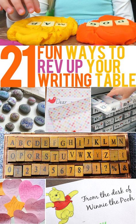 21 Ways to Inspire Interest in Your Writing Table | Childhood101 Great ideas for home or school. Writing Center Preschool, Writing Center Kindergarten, Writing Area, Preschool Writing, Preschool Literacy, Kindergarten Writing, Writing Table, Kindergarten Literacy, Writing Workshop