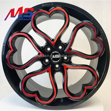 Cool Rims, Cool Rims For Cars, Heart Shaped Rims, Car Rims Ideas, Flower Rims Car, Heart Rims, Heart Wheels, Pink Heart Rims, Red Rims Car