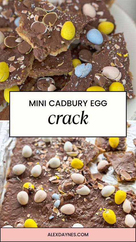 This Cadbury Egg Crack makes for the perfect Easter dessert! It’s fun, easy to make, and comes together in only 15 minutes! You only need five ingredients to throw together this festive treat, too! Graham crackers, butter, brown sugar, chocolate, and mini Cadbury chocolate eggs. Your family is going to love this one! Make it with me. Easter Cracker Toffee, Cadbury Egg Dessert Recipes, Cadbury Mini Egg Desserts, Cadbury Egg Desserts, Cadbury Mini Egg Recipes, Mini Egg Recipes, Cadbury Easter Eggs, Graham Cracker Butter, Graham Cracker Toffee