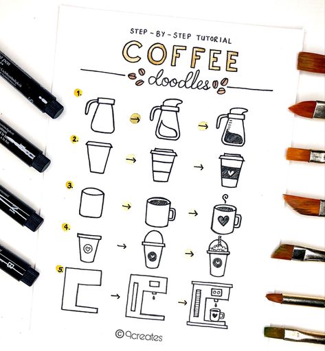 Coffee Doodles Simple, Bullet Journal Drawings, Step By Step Doodles, Draw Coffee, Coffee Doodles, September Ideas, 2024 Bujo, Journal Drawings, Fun Drawings