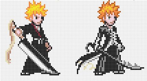 Bleach: Ichigo Kurosaki Cross stitch or perler pattern Bleach Pixel Art, Bleach Swords, Bleach Ichigo Kurosaki, Perler Pattern, Bleach Ichigo, Perler Bead Templates, Ichigo Kurosaki, 8 Bits, Anime Pixel Art