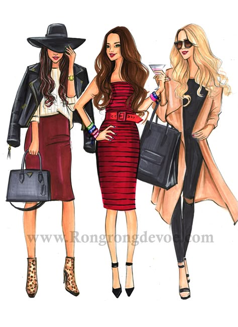 Fashion illustration of Fashionistas in winter fashion outfits by Houston Fashion Illustrator Rongrong DeVoe, more sketches on www.rongrongdevoe.com Mode Chanel, Houston Fashion, Three Women, Design Moda, Fashion Illustration Sketches, Fashion Art Illustration, Fashion Design Drawings, Fashion Illustrator, Fashion Design Sketches