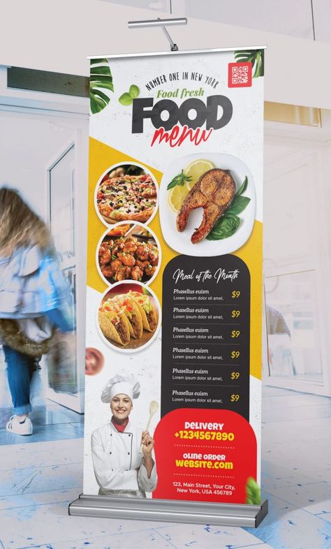 Food Restaurant Advertisement Roll Up Banner PSD - PSD Zone Rollup Design, Standing Banner Design, Standee Design, Creative Restaurant, Roll Up Design, Fast Foods, Roll Up Banner, New York Food, Food Banner