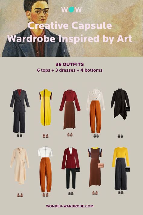 This capsule includes 6 tops, 3 dresses, 4 bottoms, 2 blazers, 2 pairs of shoes, 2 bags that result in 36 beautiful outfit combinations.  Style: Creative style with dramatic elements.  Colour type: Autumn. Method: Wonder Wardrobe. Capsule Wardrobe Creative, Outfits For Creatives, Creative Looks Outfit, Creative Capsule Wardrobe, Eclectic Capsule Wardrobe, Dramatic Capsule Wardrobe, Deep Autumn Outfits Capsule Wardrobe, Colourful Autumn Outfits, Creative Style Outfits