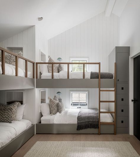 The Bunk Room - Park and Oak Interior Design Bunk Bed Over Window, Bunk Bed By Window, Built In Bunk Beds High Ceiling, Vaulted Ceiling Bunk Beds, Closet To Bunk Beds, Painted Built In Bunk Beds, Built In Bunk Beds With Storage, Bunk Bed In Front Of Window, Built In Bunk Beds With Stairs