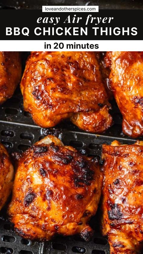 These Air Fryer BBQ Chicken Thighs come out crispy and juicy in 20 minutes without the need to fire up the grill. They're perfectly seasoned and slathered with plenty of barbecue sauce for a delicious chicken meal. Air Fryer Barbecue Chicken Thighs, Bbq Chicken Legs In Air Fryer, Chicken Thigh Marinade For Air Fryer, Skin On Bone In Chicken Thigh Recipes Air Fryer, Bbq Chicken Air Fryer Recipes, Ninja Woodfire Grill Recipes Chicken, Bbq Chicken Thighs Air Fryer, Bone In Chicken Thigh Recipes Air Fryer, Bbq Chicken In Air Fryer