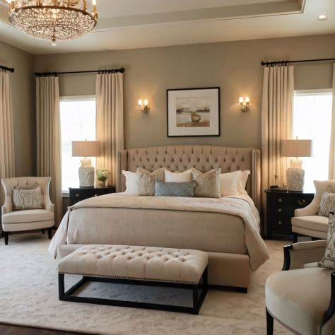 ⚠️LINK IN BIO⚠️ A serene transitional master suite with a luxurious bed, elegant drapery, and a cozy sitting area with plush chairs for ultimate relaxation. #MasterSuite #Transitional #Luxurious #ElegantDrapery #SittingArea Elegant Master Suite, Bedroom With Chairs Ideas, Bedroom Chair Ideas Master, Master Suite Layout With Sitting Area, Sitting Area In Bedroom Master Suite, Seating Area In Bedroom, Main Bedroom Ideas Master Suite, Master Suite Layout, Bedroom Sitting Area