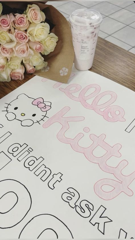 #hoco #poster #hellokitty #pink #starbucks #flowers Will You Be My Valentine Poster Ideas Hello Kitty, Valentine Poster Ideas, Valentines Proposal, Valentine Poster, Pink Starbucks, Hoco Proposals, Cat Valentine, Poster Ideas, Be My Valentine