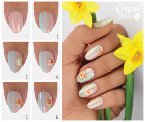 Sassy Daffodil Nail Art Daffodil Nail Designs, Daffodil Nails, Pedicure Nail Ideas, Spring Nail Art Designs, Popular Nail Art, Fingernail Designs, Rainbow Hair Color, Daffodil Flower, Spring Nail Art