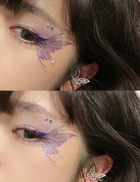 Butterfly Temporary Tattoo Eye Makeup, Butterfly Tattoo Eye Makeup, Butterfly Theme Outfit, Eras Makeup, Fairy Make-up, Trilogy Tour, Butterfly Makeup, Rave Makeup, Send Help