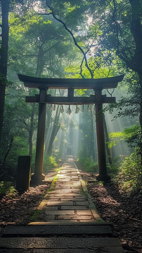 Mystical Forest Gateway: An ethereal torii gate stands at the entrance of a sunlit pathway through a serene forest. #forest #torii #gateway #sunbeams #trees #aiart #aiphoto #stockcake ⬇️ Download and 📝 Prompt 👉 https://ayr.app/l/7Ee3 Landscape Forest Photography, Drawing Reference Photos Nature, Edo Japan Aesthetic, Japanese Forest Art, Torii Gate Wallpapers, Folktale Aesthetic, Japanese Gates Entrance, Tree Pathway, Japanese Trees