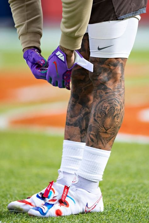 Obj Leg Sleeve, Obj Cleats, Mens Foot Tattoos, Front Shin Tattoo Men, Leg Tattoo Men Sleeve, Nfl Tattoo, Leg Tats Men, Obj Style, Odell Beckham Jr Tattoos