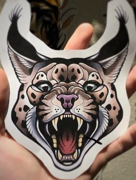 Traditional Bobcat Tattoo, Angry Animal Tattoo, Bobcat Tattoos, Animal Head Tattoo, American Traditional Animal Tattoo, Traditional Tattoo Animals, Neo Tattoo, Tier Tattoo, Neotraditional Tattoo