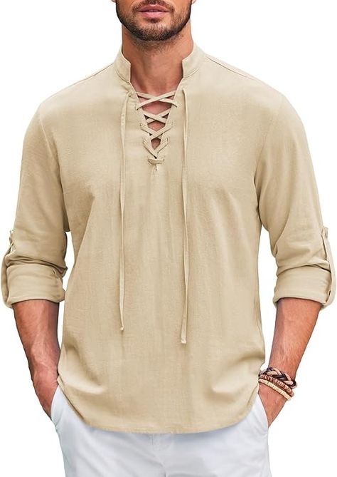 Amazon.com: COOFANDY Men Pure Cotton Shirt Long Sleeve Pirate Shirt Medieval Renassiance Shirt Retro Halloween Victorian Costume : Clothing, Shoes & Jewelry Tunic Men, Men Dresses, Medieval Tunic, Viking Dress, Boho Men, Pirate Shirts, Medieval Style, Linen Shirts, Up Costumes