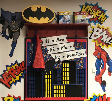 Library Reading Bulletin Board Superhero Book Fair Media Center Decor, Superhero Lessons, Superhero Bulletin Boards, Reading Bulletin Board, Superhero School, Superhero Books, Fair Theme, Scholastic Book Fair, Superhero Decorations