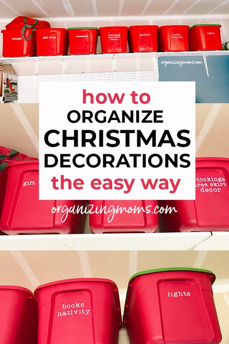 Tips and tricks for organizing your Christmas decorations the easy way. Use items you have on hand along with specialized storage to make Christmas clean up a breeze. Christmas Decor Organization Ideas, Organizing Decorations Storage, Christmas Decorations Organization, Christmas Storage Ideas Organizing, Holiday Decoration Organization, How To Organize Christmas Decorations, Christmas Storage Hacks, Christmas Organization Storage, Organize Holiday Decorations