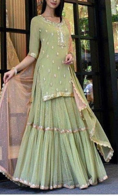 Excited to share this item from my #etsy shop: Pista green embroidered kurta with flared georgette mehendi lehenga and contrast peach embroidery dupatta. #embroidered #green #pink #fordiwali #bridesmaidslehenga #weddinglehenga #lehenga Modern Sharara, Kurti Designs For Women, Sharara Kurti, Latest Traditional Dresses, Maharani Designer Boutique, Designer Bridal Lehenga Choli, Pista Green, Indian Lehenga Choli, Bridal Lehenga Red