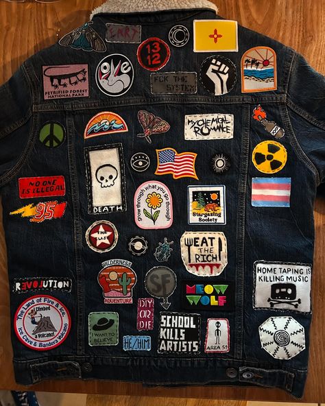 jean jacket back is all full !! can't wait till the entire coat is covered [the two blank spots are reserved for commissioned patches] Black Jean Jacket With Patches, Patches Jean Jacket, Punk Jacket Ideas, Jean Jacket With Patches, Jean Jacket Patches, Jacket With Patches, Jacket Patches, Black Jean Jacket, Witchy Fashion