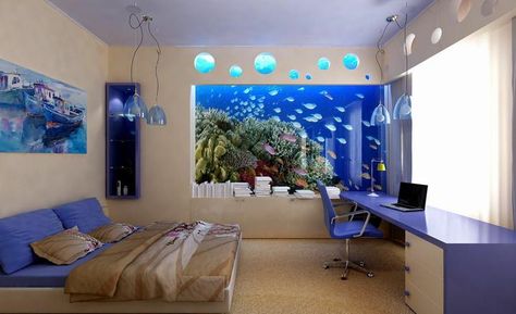 One of the best ways to have a piece of the nature in your home is to install a fish tank. A variety of colorful, cheerful fishes who are moving briskly in Fish Tank In House, Giant Aquarium, Aquarium Mural, Nautical Decor Bedroom, Wall Aquarium, Matching Bedding And Curtains, Home Aquarium, Teen Boy Bedroom, Relaxing Bedroom