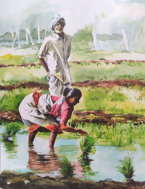 Farmer Watercolor Paintings, Landscape With People Drawing, Village Watercolour Painting, Village Life Sketch, Indian Village Watercolor Painting, Watercolour Composition Painting, Village Life Painting Indian, Village Life Composition, Art Village Painting