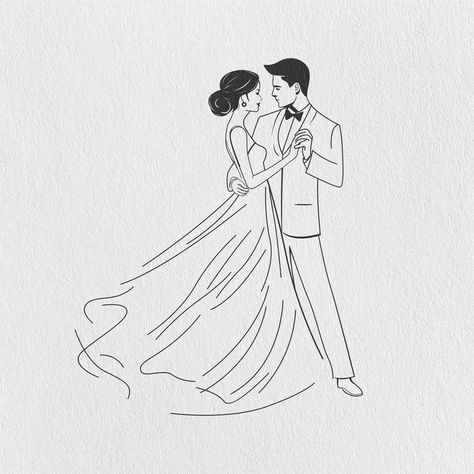 Drawing Bride And Groom, Bride And Groom Outline, Dancing Couples Drawings, Wedding Dance Illustration, Dance Couple Drawing, Couple Dance Drawing, Wedding Drawing Couple, Wedding Couple Art, Bride And Groom Drawing