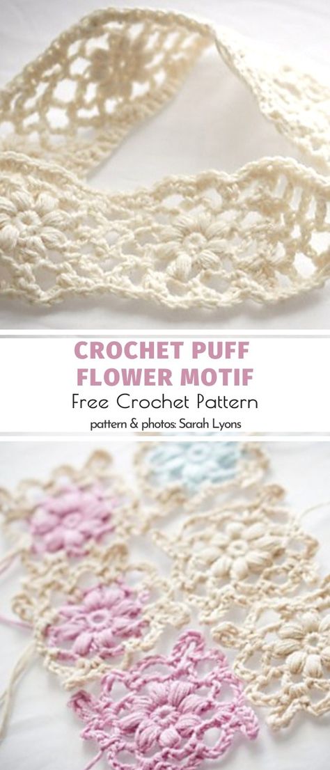 Puff Stitch Flower Crochet Projects. Are you always on the hunt for unique edging ideas and crochet borders that make every project look complete? These floral blocks will be perfect for that! They are versatile enough to be used as bookmarks and single decor elements as well.  #freecrochetpattern #puffstitch #puffflower Flower Crochet Projects, Puff Stitch Flower, Crochet Project Free, Crochet Flower Headbands, Bandeau Au Crochet, Crochet Puff Flower, Puff Flower, Confection Au Crochet, Crochet Edgings